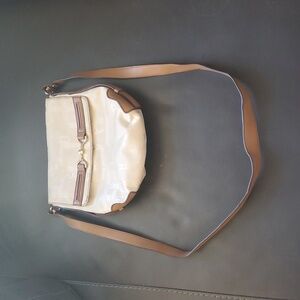 Etienne Aigner Crossbody Cream Color Tan Leather Trim Canvas Logo Pattern